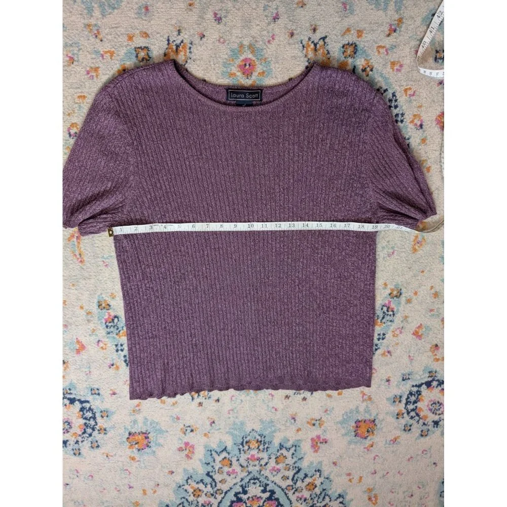 Vintage Laura Scott Women's Ribbed Knit Marled Purple Short Sleeve Sweater - XL - Picture 6 of 9